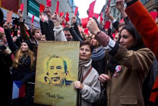 Demonstrators protest against Czech President Miloš Zeman in Prague, November 17, 2014