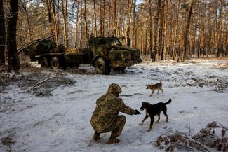 Военнослужащий 45-й отдельной артиллерийской бригады Украины кормит бездомную собаку на позициях в Донецкой области. За ним — самоходная гаубица шведского производства «Арчер» (в переводе с английского — «лучник»). Отличительная особенность «Арчера» — полная автоматизация процесса заряжания, за счет чего увеличивается темп стрельбы. Экипаж гаубицы — 3-4 человека