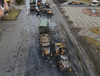 Destroyed military equipment in the village of Borodyanka, Kyiv region. The Russian Defense Ministry <a href="https://ria.ru/20220303/koridor-1776186445.html" rel="noopener noreferrer" target="_blank">announced</a> on March 3 that it had provided an “exit corridor” for civilians in Borodyanka.