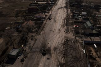 Russian tanks destroyed by Ukrainian troops along the main road leading from Brovary to Kyiv.