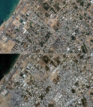 На снимках, <a href="https://edition.cnn.com/2023/10/25/middleeast/satellite-images-gaza-destruction/index.html" rel="noopener noreferrer" target="_blank">пишет</a> CNN, район лагеря беженцев Аль-Шати на севере сектора Газа. Верхнее фото было сделано 10 мая 2023 года нижнее — 21 октября 2023 года