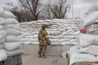 A member of Ukraine’s territorial defense at a checkpoint in Kyiv