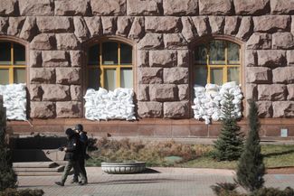 Sandbags protect the windows of the Kyiv city council building