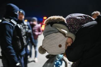 Night on the border between Poland and Ukraine. This photograph was taken in Przemyśl, the second largest city in southern Poland after Kraków. February 25, 2022.