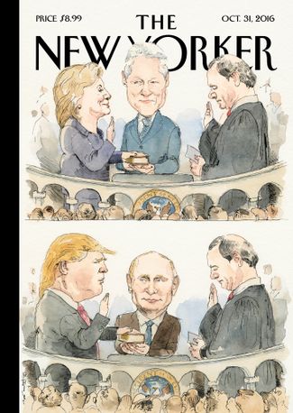 Обложка нового номера американского журнала The New Yorker. Избранный президент США приносит присягу на Библии, которую держит в руках его (или ее) супруга (или супруг). В данном случае в отношении Дональда Трампа и Владимира Путина подразумевается английский афоризм in bed with — быть в сговоре