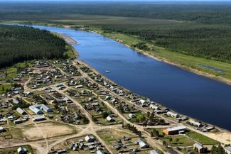 An aerial view of the town of Izhma and the Izhma River.