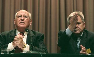 Mikhail Gorbachev and Konstantin Titov, the leaders of the United Social Democratic Party, at the party’s second conference in Russia. During the course of the conference, the party decided not to participate in the upcoming elections for the State Duma. Gorbachev parted ways with the Social Democrats soon afterward. Moscow, September 19, 2003