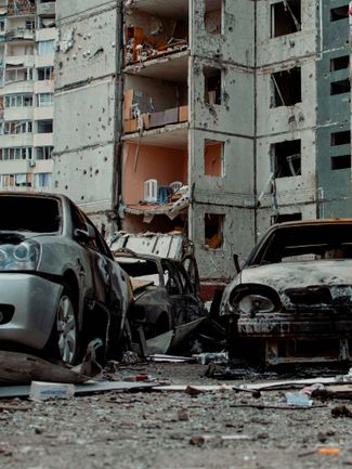 An apartment destroyed by shelling on Chornovol Street