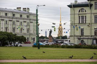 Вид на Петропавловскую крепость с Марсова поля<br>