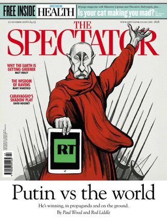 The Spectator, ведущий британский консервативный журнал. Тут уже речь о противостоянии Владимира Путина с остальным миром — и о том, как с помощью канала RT он ведет с оппонентами пропагандистскую борьбу. Обложка отсылает к каноническому советскому плакату «Родина-мать зовет»