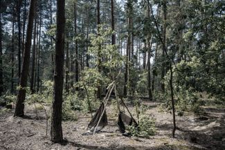 На месте бывшего лагеря российских военных в лесу под Бучей. В таких местах часто встречаются ловушки, мины и неразорвавшиеся снаряды. Саперы расчищают эту территорию с апреля, работы хватает до сих пор. К сожалению, местные жители часто ведут себя беспечно. Они ищут и разбирают военную технику, чтобы сдать ее на металлолом. Вот, например, история про обычных людей: отец с сыном нашли гранатомет. Когда отец отвернулся, сын нажал на кнопку — граната попала сыну в голову. Он погиб