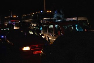 A line of cars waits at the Korczowa – Krakovets crossing on the Polish-Ukrainian border. February 26, 2022.