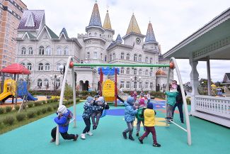 A kindergarten playground in the village where the Lenin State Farm is located. September 27, 2017