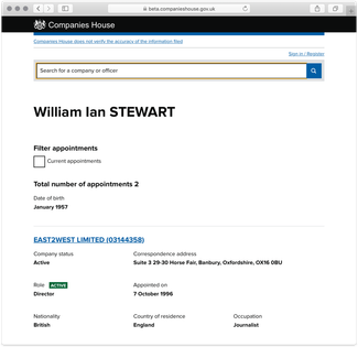 East2West's file in the “Companies House” UK corporate registry.