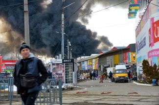 A fire at the Barabashovo market in Kharkiv — one of the largest markets in Eastern Europe. March 17