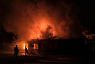 A fire in a shop in Stepanakert after the shelling. October 3, 2020.